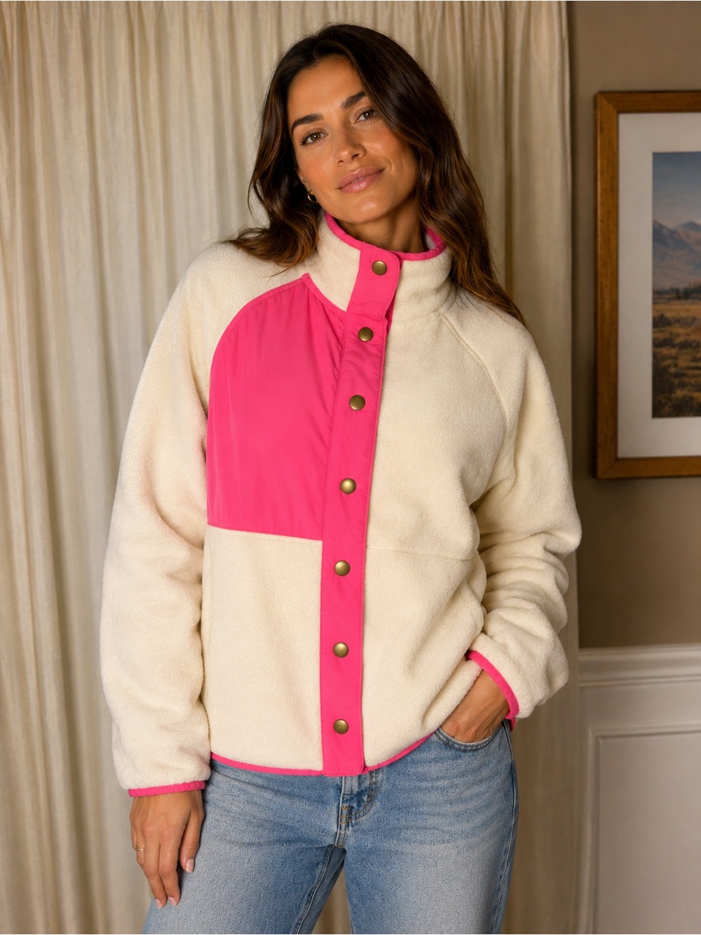 J Crew Color Block White Fleece Jacket with Pink Trim